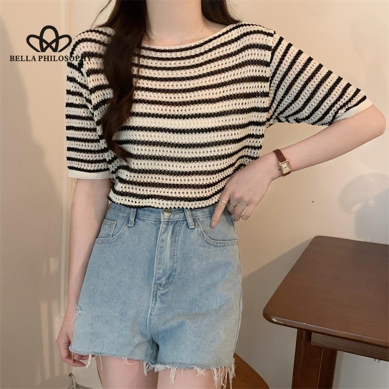 Summer New Hollow Striped Short-sleeved Knitted Top All-match Slim T-shirt Woman Fashion Casual T-shirt