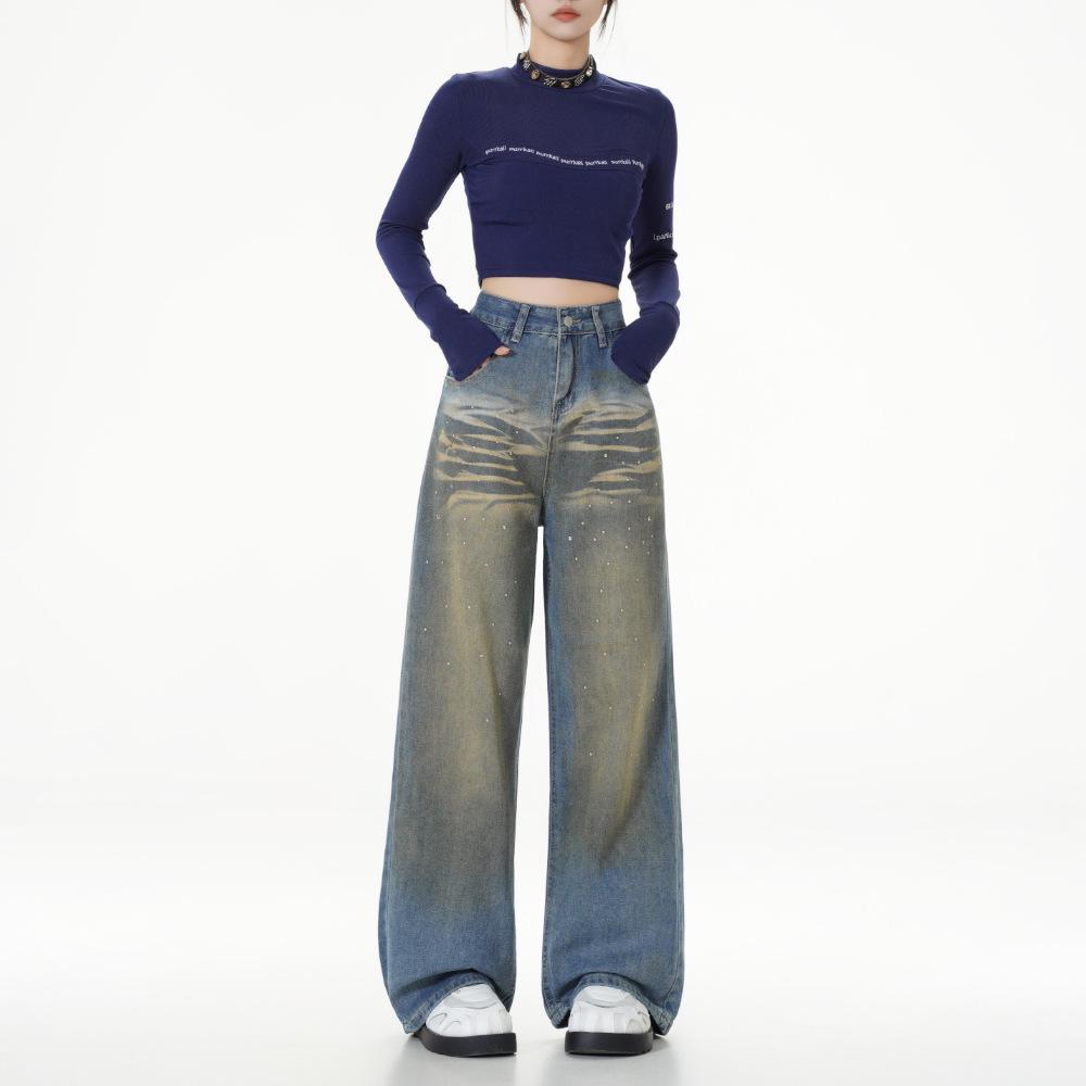 

Женские джинсы 2024 года в стиле дистресс, ретро, с широкими штанинами: Стройнящие, универсальные и стильные брюки прямого кроя M синий