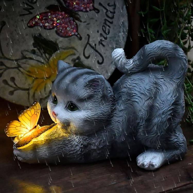 Butterfly Cats Statue Garden Ornament Solar Light Lawn Decors Home Yard Statue Festival Resin Figurine