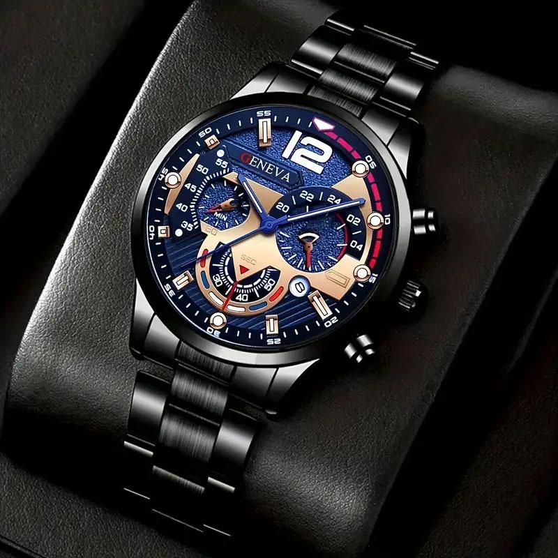 Men's Luminous Quartz Sports Watch with Steel Strap and Calendar