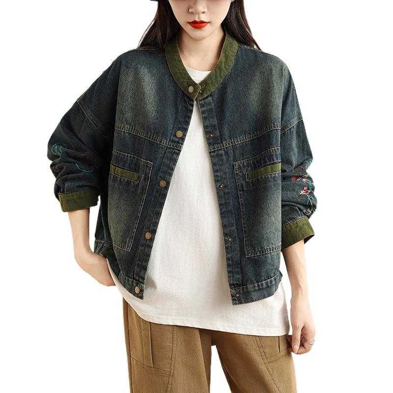 2024 Women's Loose Korean Style Embroidered Denim Jacket with Stand Collar and Long Sleeves
