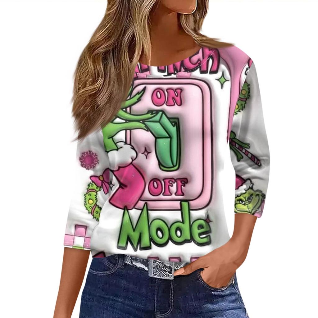 Women's Fashionable Casual Three Quarter Sleeve Christmas Printed Round Neck Top