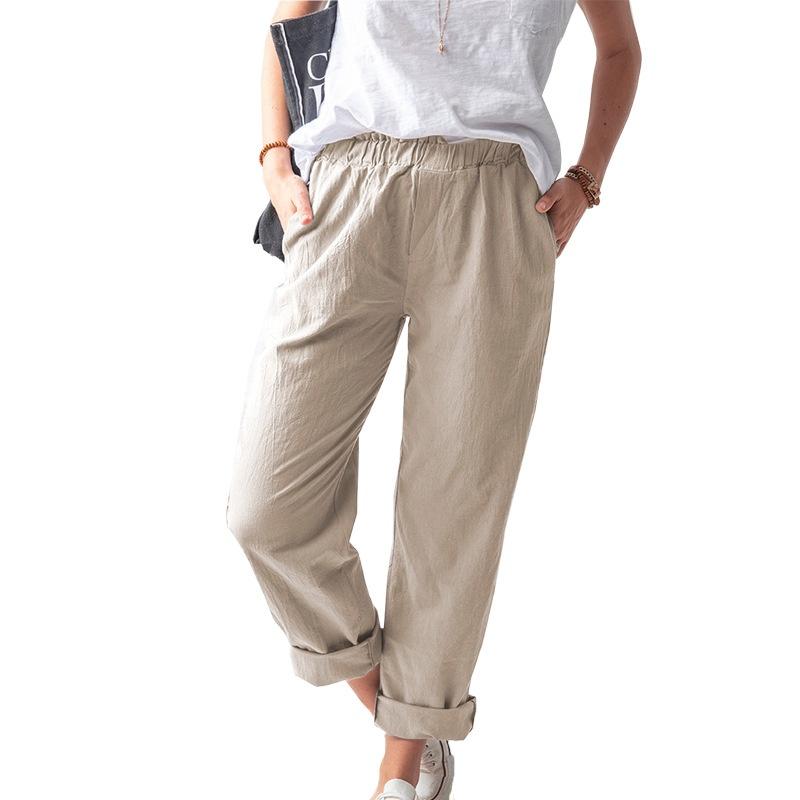 Women New Summer Cotton Linen Pants Solid Color Casual Stretch High-waist Straight-leg Pants