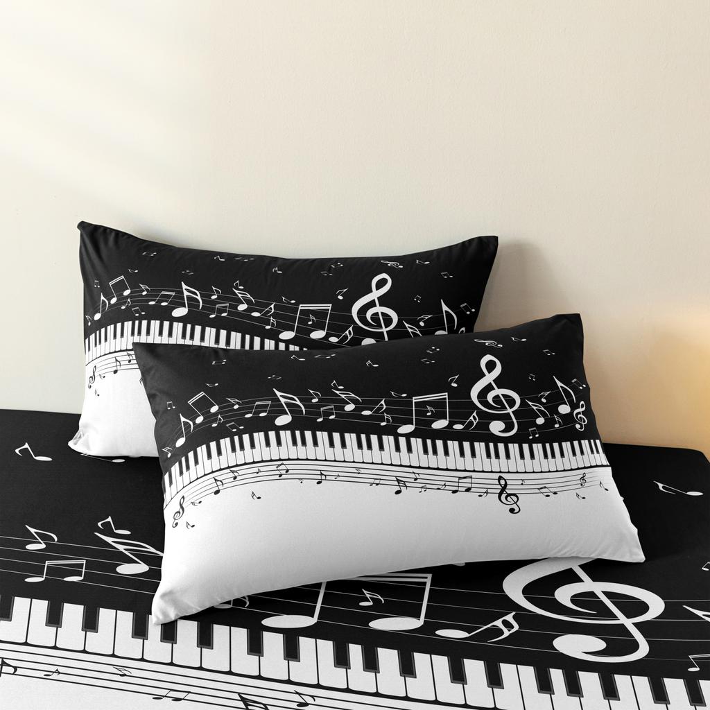 3pcs Piano Keys & Musical Notes Duvet Bedding Set, Black White Music Print Duvet Cover,Suitable Family Bedrooms And Dormitories