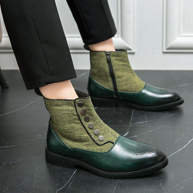 

Men s Green Chelsea Boots, Patchwork, Single-Row Buckle, Trendy Korean Style for Autumn/Winter. 44