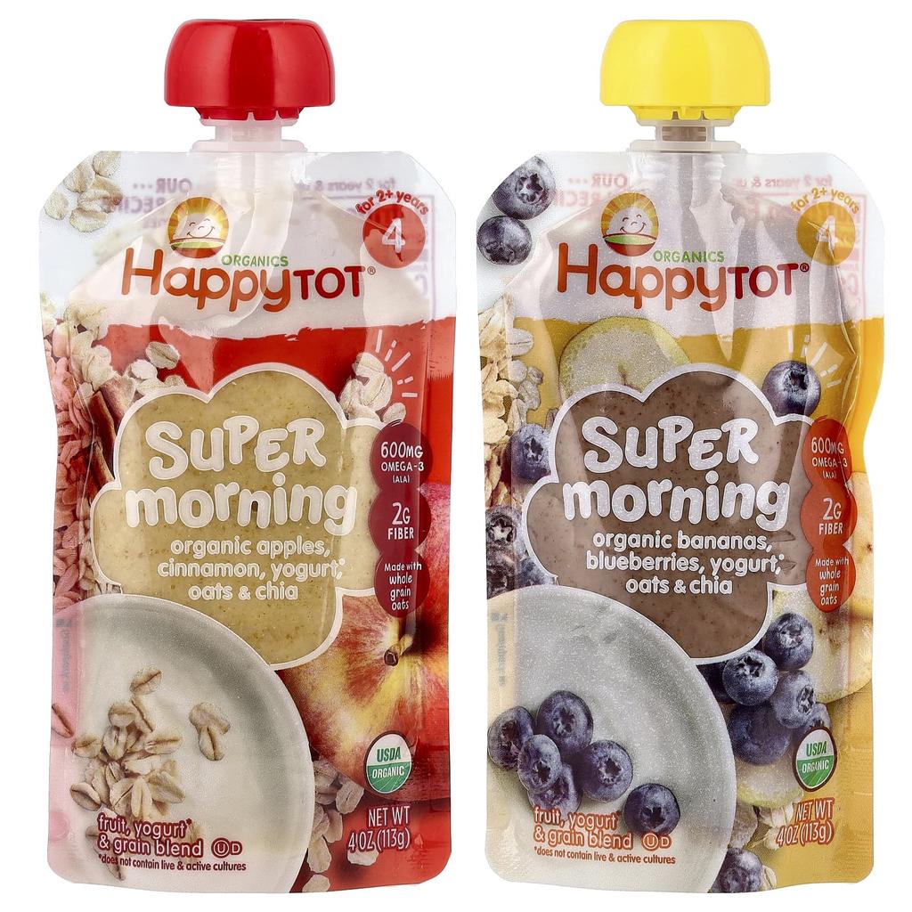 Happy Family Organics, Happy Tot® Super Morning, Ages 2+, Fruit, Yogurt, Grain Blend, Variety Pack, 8 Packs, 4 oz (113 g) Each