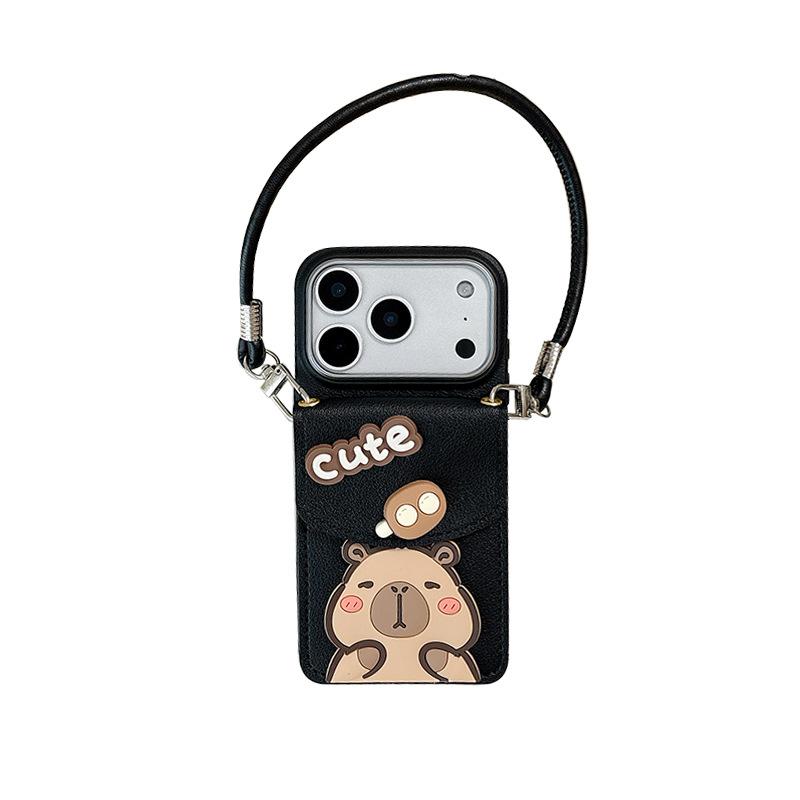 Cartoon Capybara Wallet Card Case Portable Rope Mobile Phone Case For Apple 16 Lanyard Iphone17Promax Soft Case