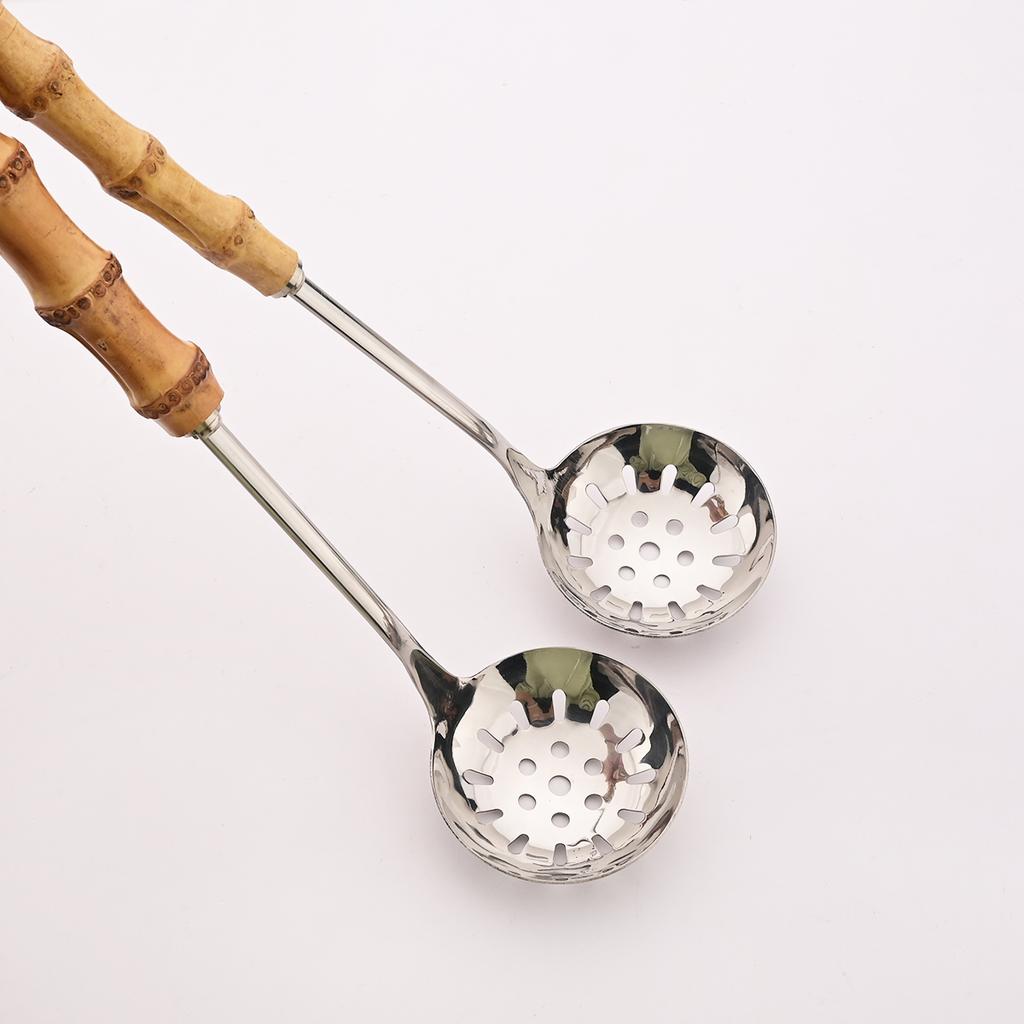2Pcs/set Bamboo Wooden Handle Big Leaky Spoon Stainless Steel Tableware Long Handle Serving Spoon Fork Kitchen Cutlery Set