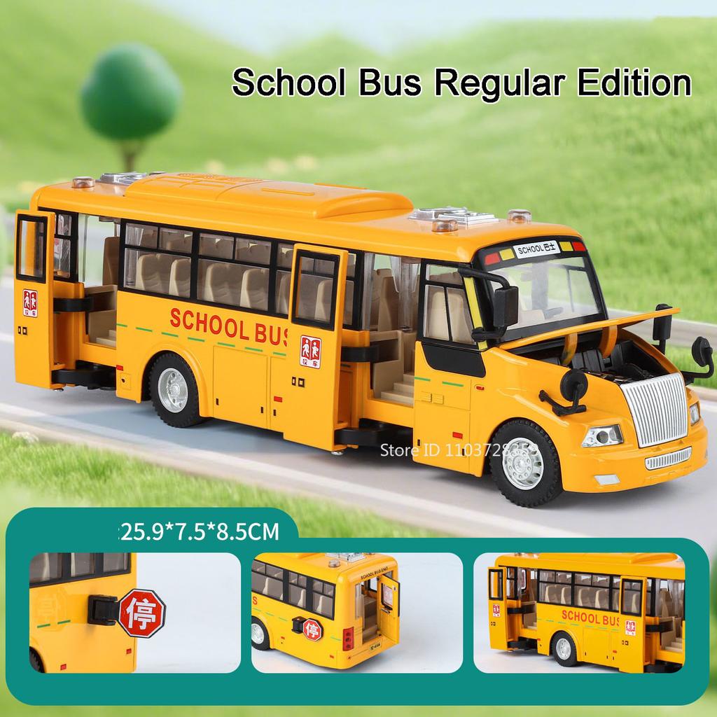 1:24 Ambulance School Bus Model Toy Cars Alloy Diecast Sound Light Doors Opened Pull Back Simulation Vehicle for Kids Edutainmnt
