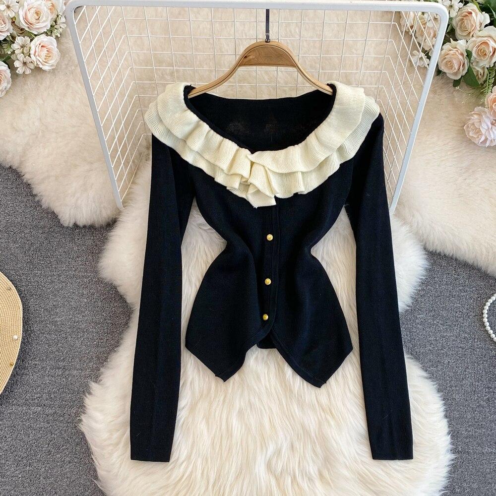 

Винтажный темпераментный вязаный кардиган с воротником в виде листьев лотоса и длинными рукавами на талии, тонкая полоска, женский повседневный короткий стильный жакет