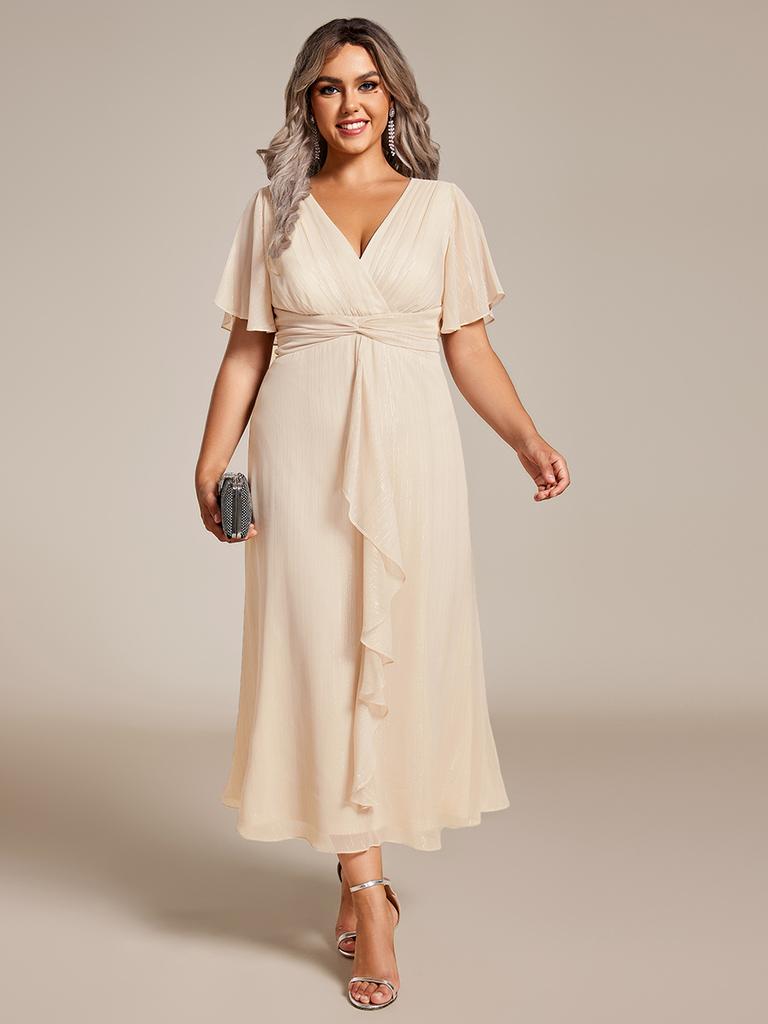 Ever-Pretty Women's Plus Size Shimmer Short Sleeve A-Line Midi Wedding Guest Dress with Ruffled Hem