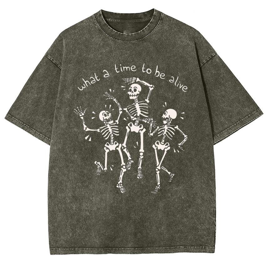 Skull Print Men S Sleeve T-Shirt Vintage Loose T-Shirts Wome S серый