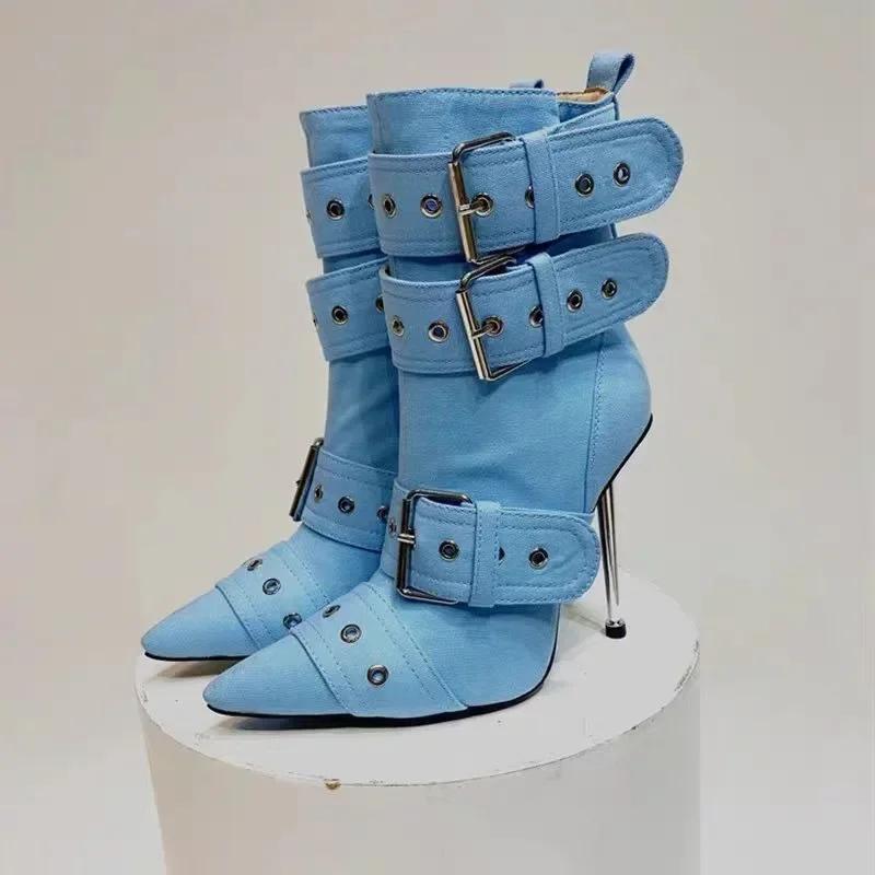 Mode Denim Metallnieten Gürtelschnalle Silber Schwarz Kurze Stiefel Damen Sexy Punk Stil Spitz 12cm Hochhackige Halbwadenstiefel Größe 34-43