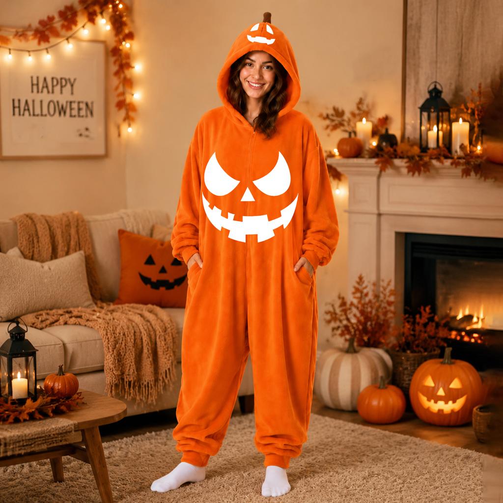Women's Flannel Pajama Jumpsuit with Halloween Print for Cozy Lounging
