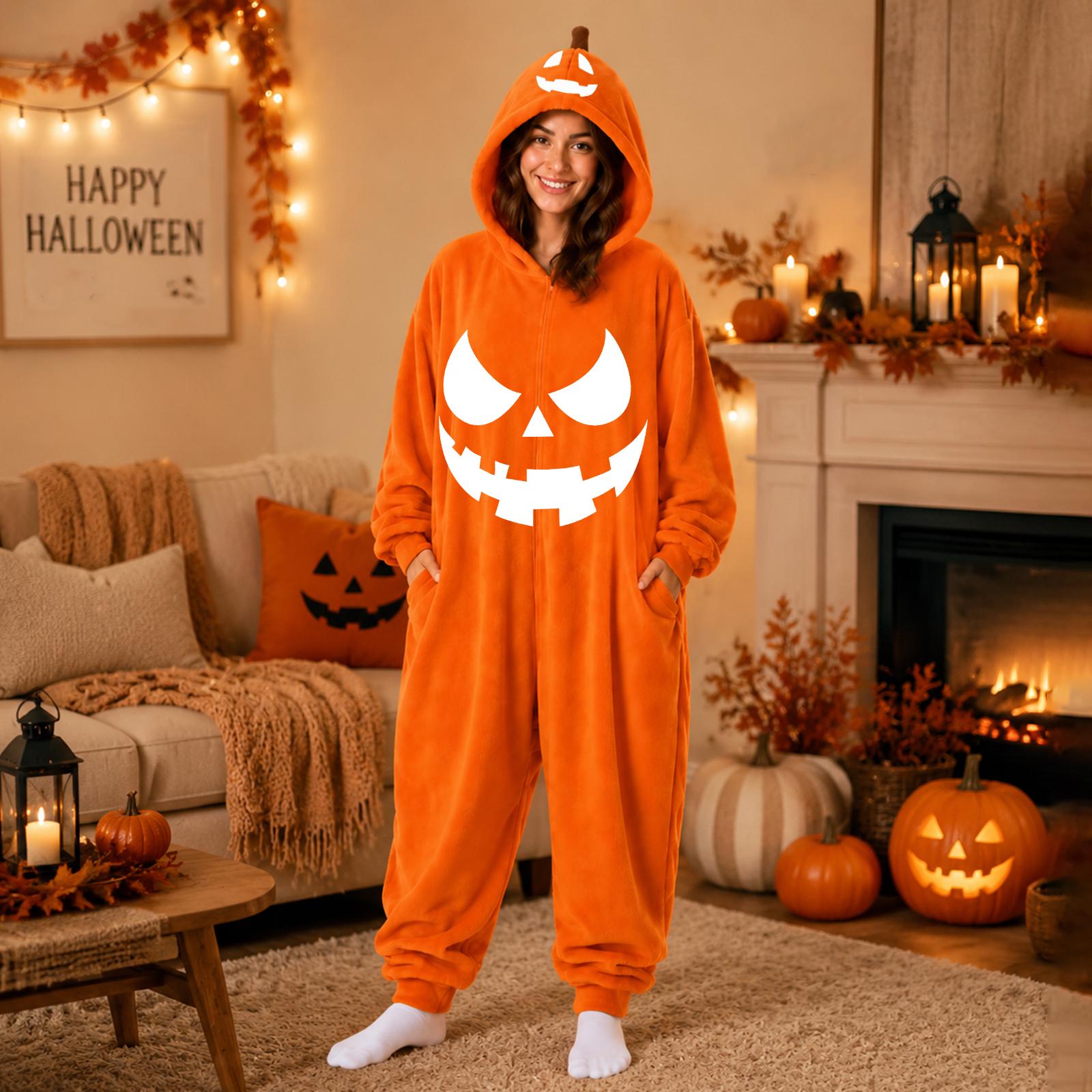 Women s Flannel Pajama Jumpsuit with Halloween Print for Cozy Lounging L