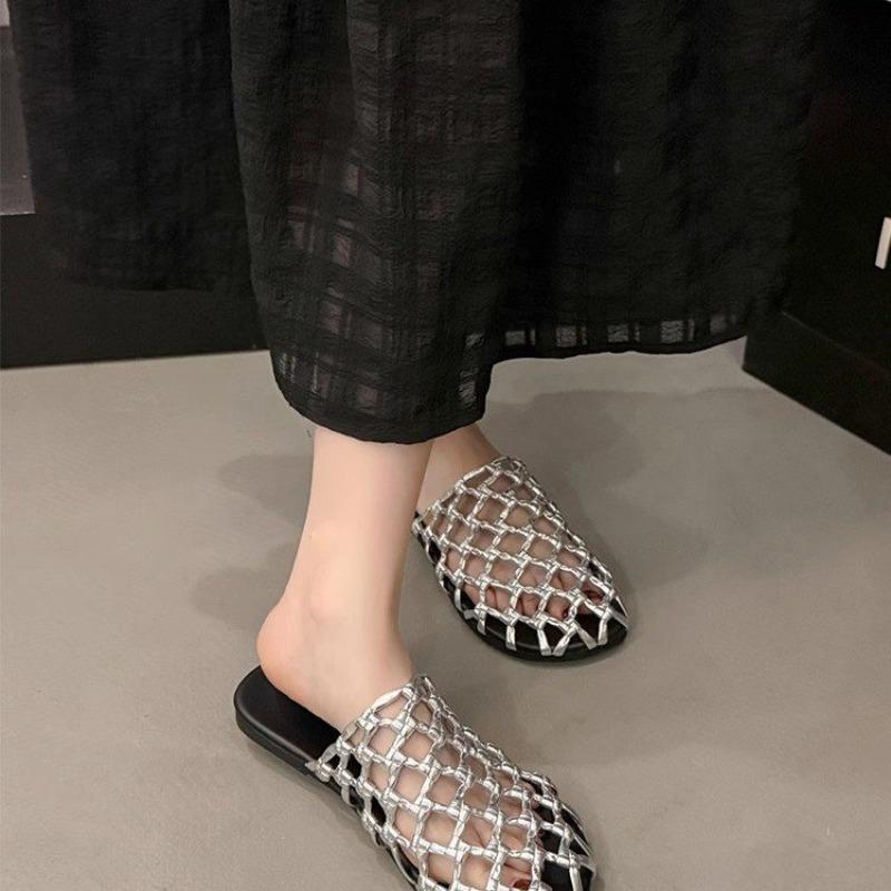 Fashion Women's Woven Mesh Breathable Flat Shoes Summer New Round Toe Shallow Mouth Soft Sole Anti-slip Wear-resistant Slippers