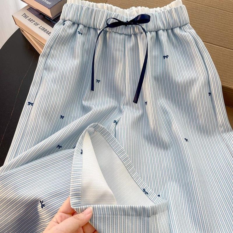 Women s Summer Bow Print Stripe Wide-Leg Quick-Dry Pants L синий
