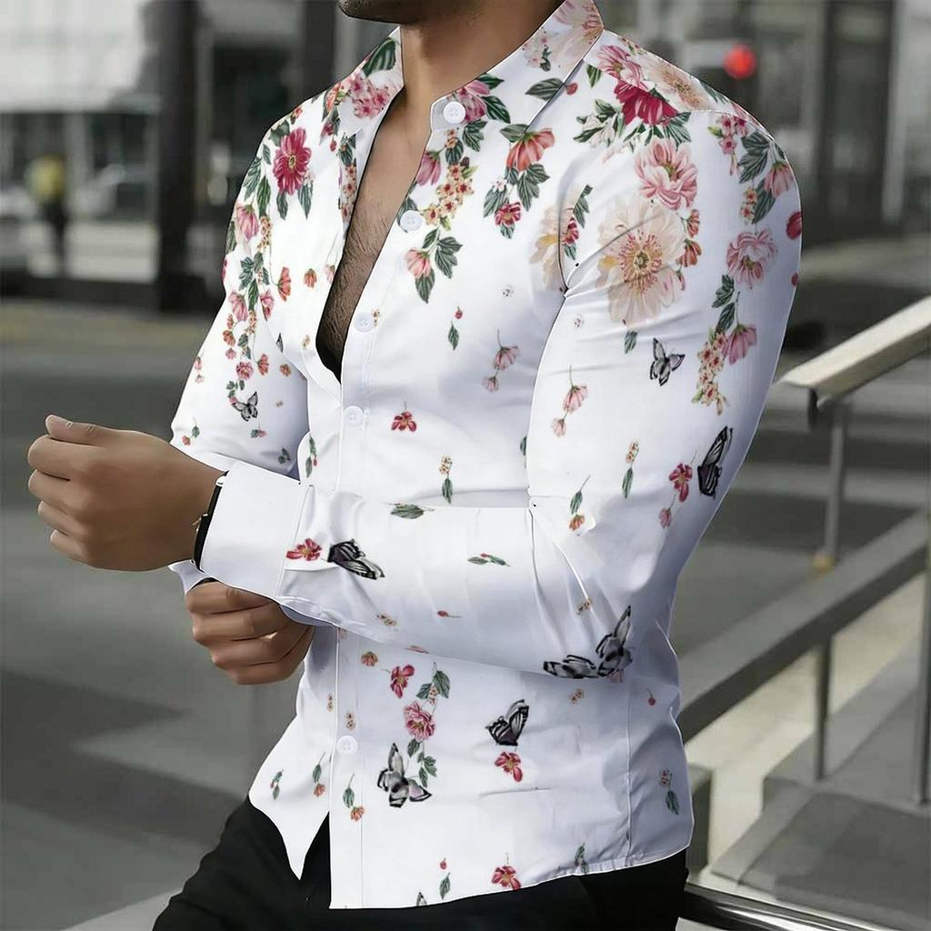 Camisa de Hombre con Cuello Blanco Multicolor Acuarela Hierba Silvestre Estampado Floral Manga Larga Botones Arriba