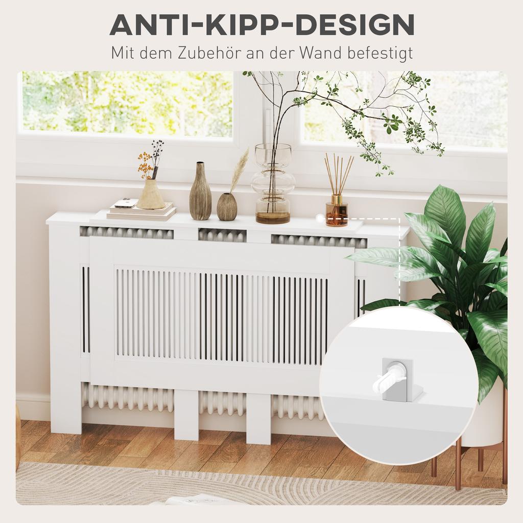 Radiator Cover, Slatted Design, Adjustable Length 125-201 Cm, MDF, White