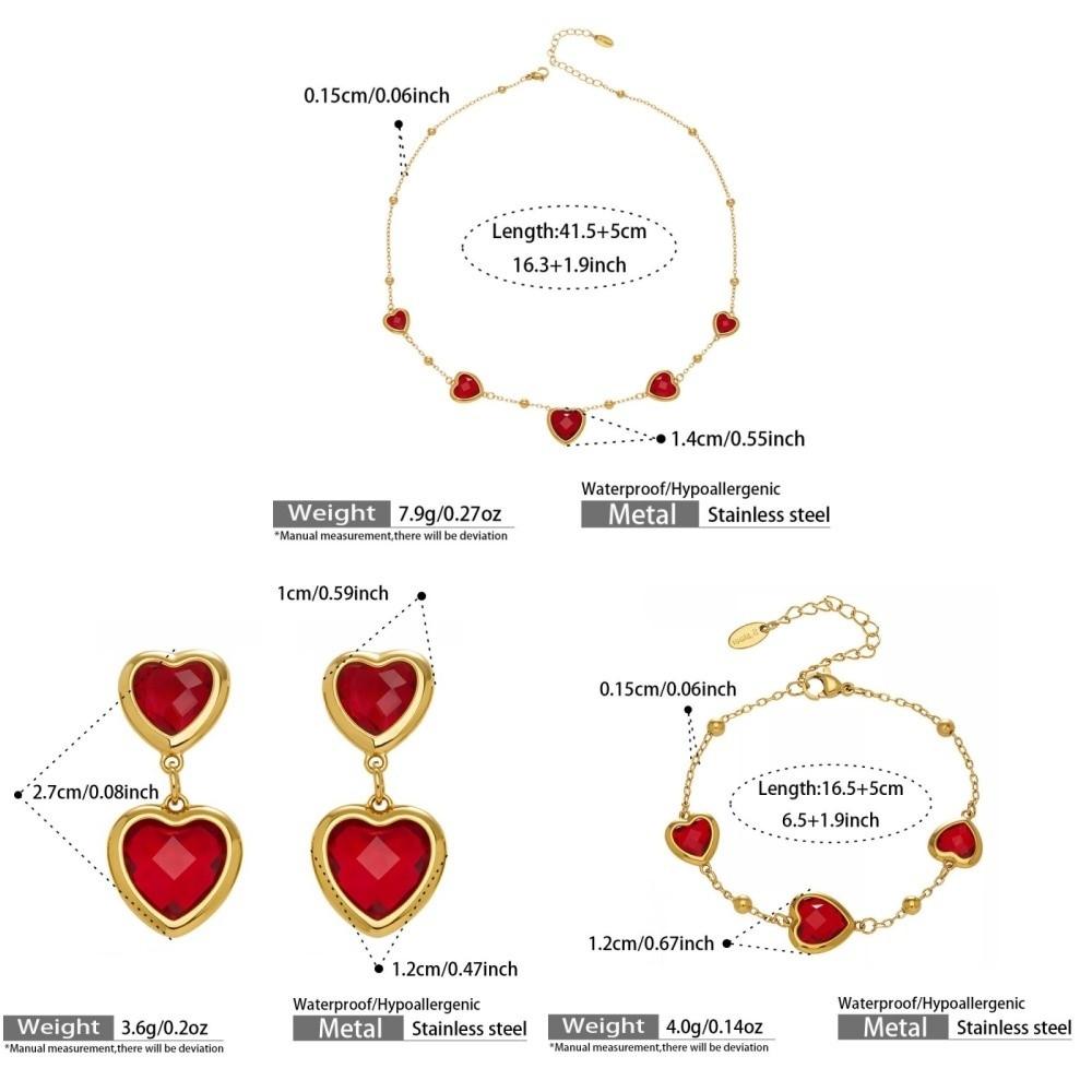 Vintage Heart Glass Necklace Stainless Steel Earrings Hand Chain Heart-shaped Jewelry Set  Gift