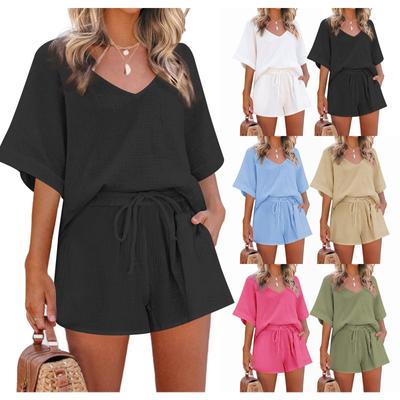 Conjunto de 2 peças de cor sólida feminino, conjunto de shorts casuais de manga curta com decote em V, roupas de praia