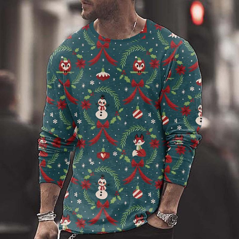Summer Round Neck Christmas 3D Print Top Fashionable Casual Long Sleeved Men's T-shirts