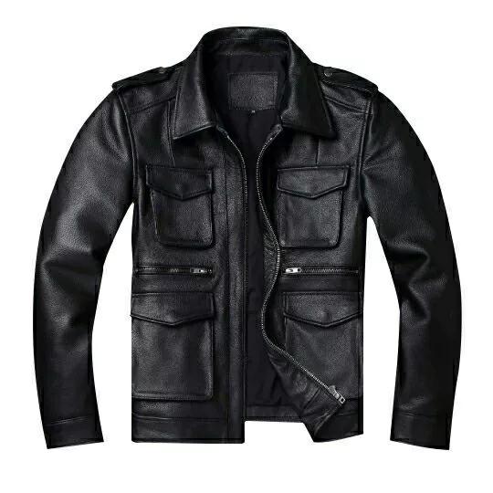 Chinese Size Black Real Cowhide M65 Hunting Leather Jacket Men Genuine Leather Coat Winter Pockets Jackets
