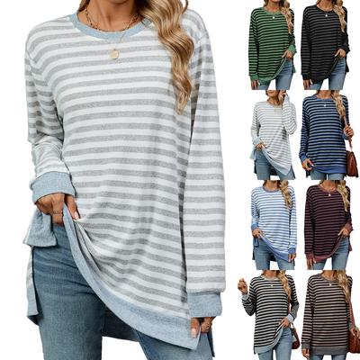 Autumn Top for Women Plus Size Winter Striped Pullovers Long Sleeves Casual Contrasting Round Neck Loose T-shirt
