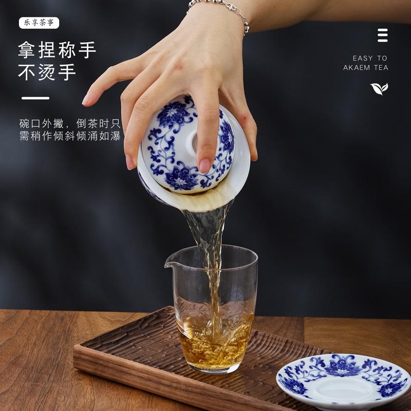 Dehua Blue and White Porcelain Ceramic Gaiwan Household Kung Fu Three Talents Single Serving Bowl Tea Cup Manufactu