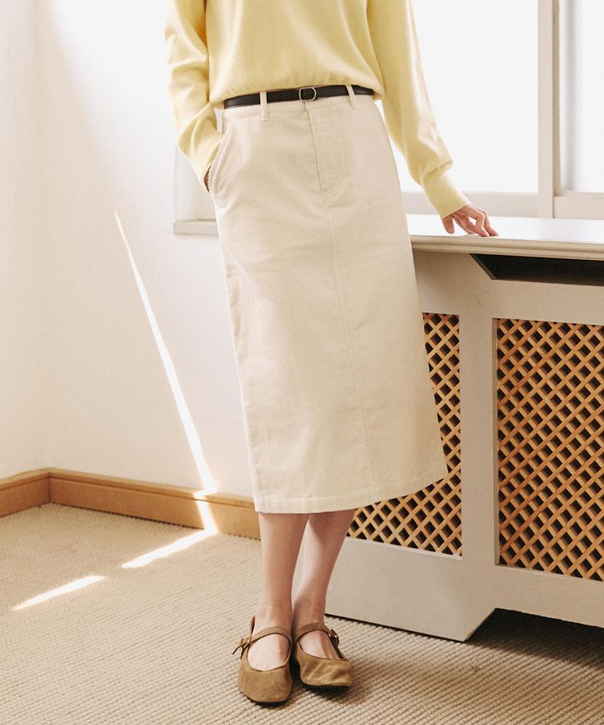 Left Seoul Corduroy Back Slit Midi Skirt [Ivory]