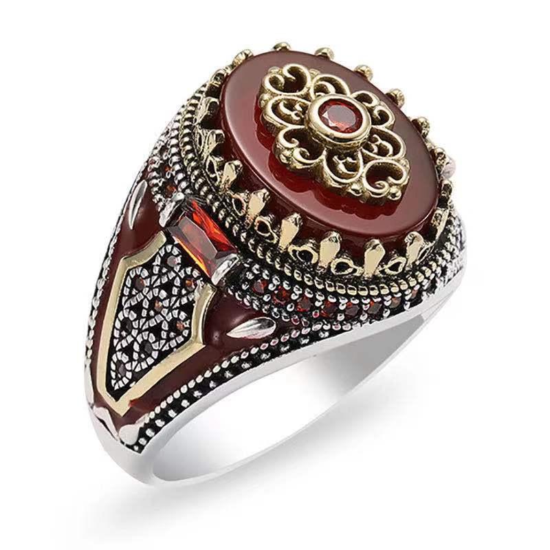 European & American Geometric Black Oval Acrylic Men's Retro Crown Ring