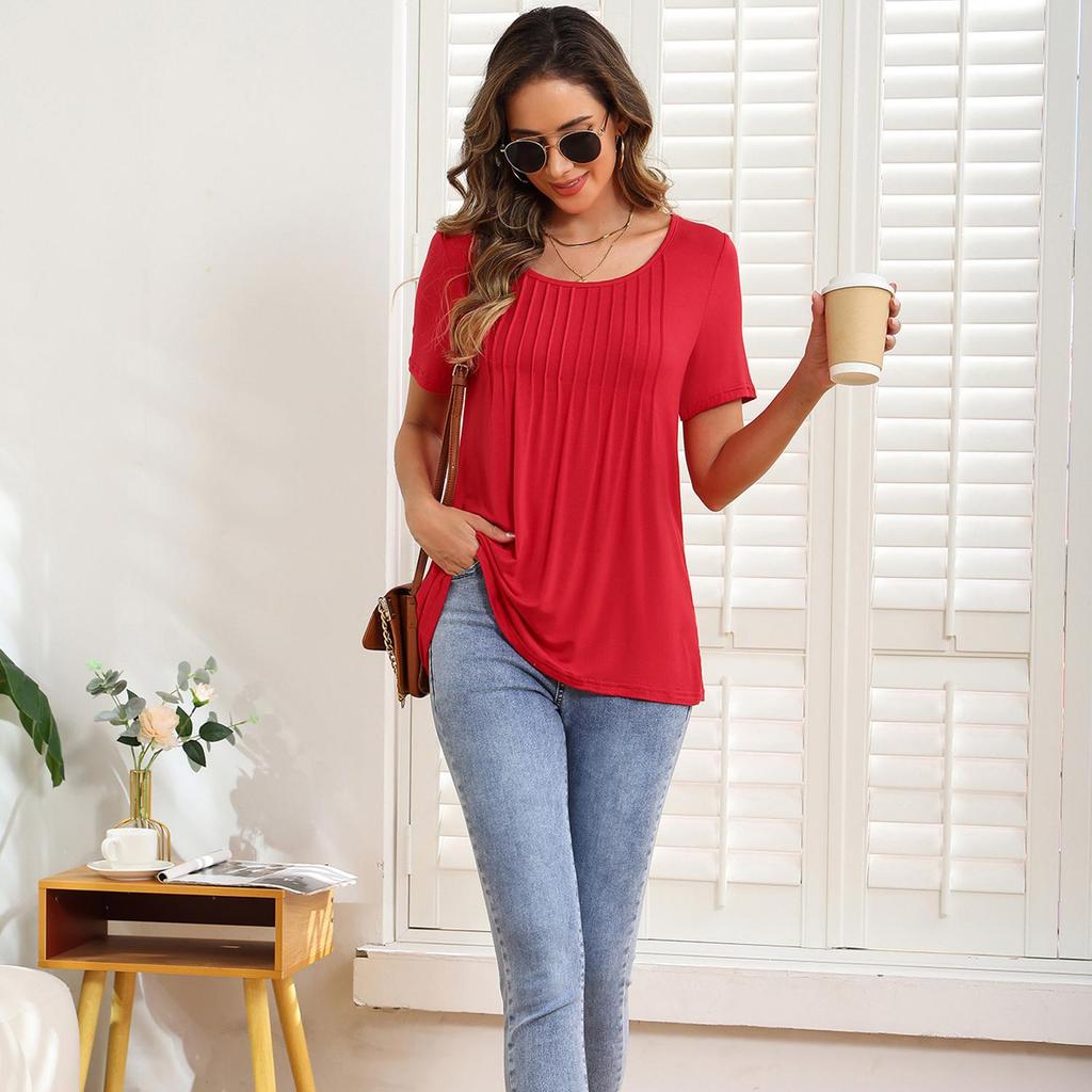 Women’s Shirts Round-neck Short Sleeves Loose Tops Pullover Pleated Stripes T-shirts Solid Color Summer Spring Casual Wear