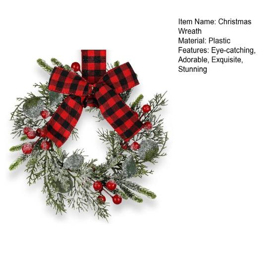 9" Mini Christmas Wreath Artificial Frosted Pine Wreath with Red Berry Buffalo Plaid Bow for Farmhouse Indoor Outdoor Kitchen Cabinet Decor