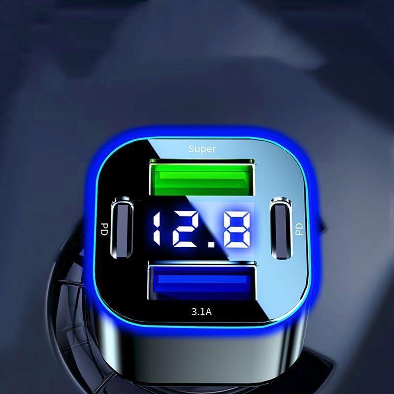 4-Port 66W PD Fast Car Charger with Digital Display and Halo Lighting