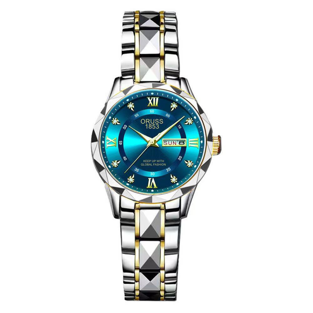 Women'S Fashion Rhombus Double Calendar Luminous Waterproof Quartz Watch Solid Belt