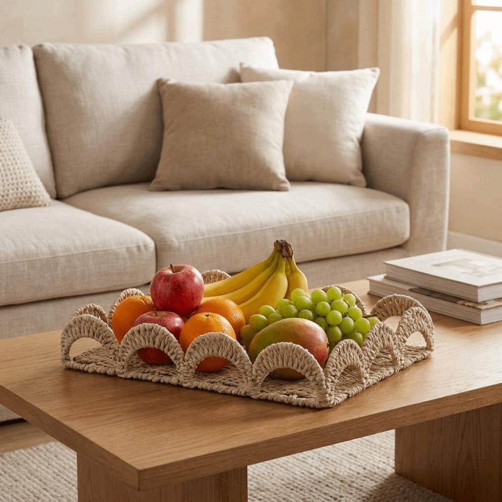 Scalloped Edge Paper Rope Storage Basket Handmade Fruit Basket Practical Desktop Organizer Kitchen