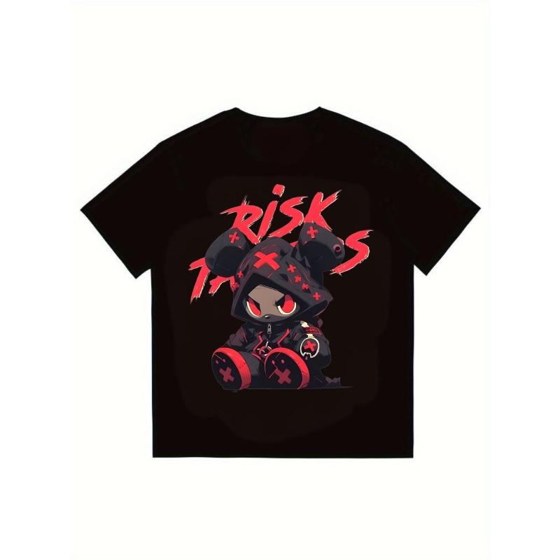 

Black T Shirt Risk Tox Graphic Print Cartoon Character Red Text Streetwear Fashion Casual Wear S