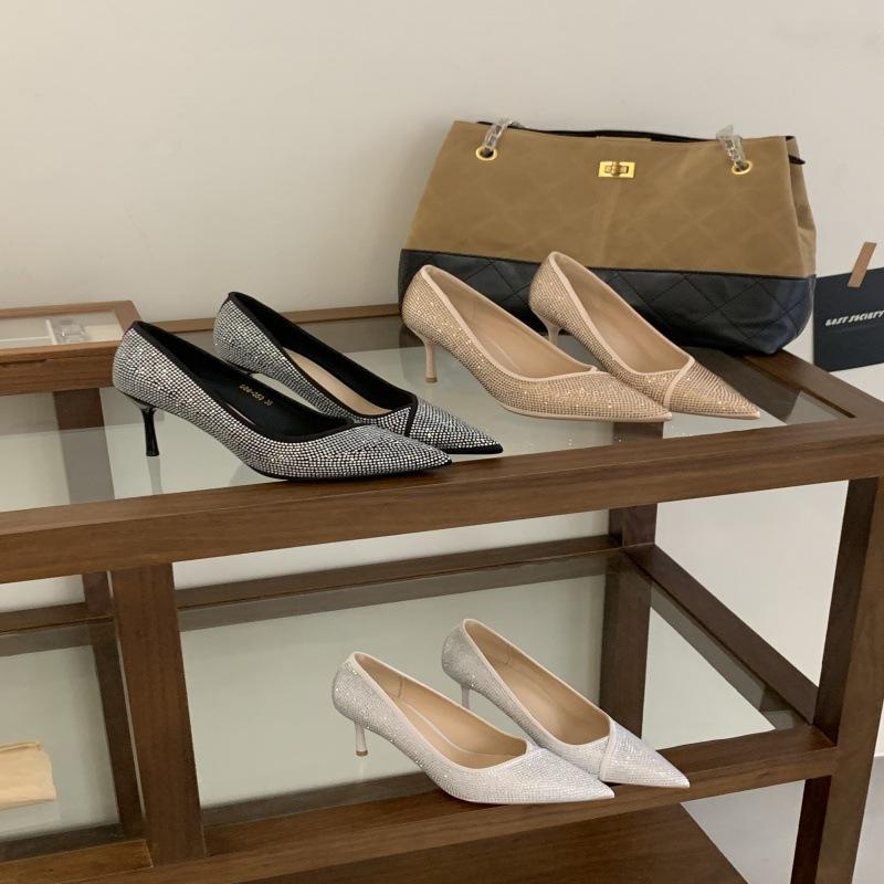 Rhinestone single shoes one-pedal temperament commuter shoes low-heeled shoes spring and summer new French evening wind women's shoes light-mouth shoe