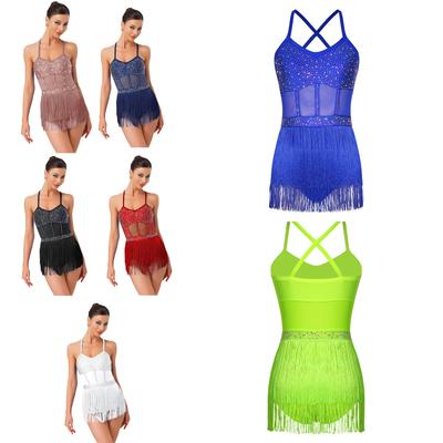 Damen Quasten Latein Jazz Salsa Trikot Tanzkleid Tango Tanzkostüme Transparentes Mesh Patchwork Strass Fransen Body Kleid