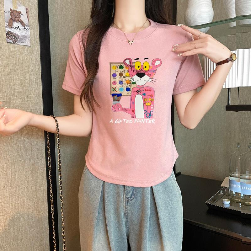 2025 Sommer weiß Baumwolle kurzärmlig Cartoon-Print T-Shirt Damen Saum geschwungen kurzärmlig vielseitiges Unterzieh-Top Damen Trend