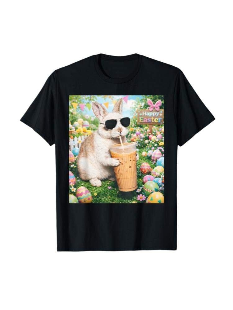 Rabbit Drinking Iced Coffee Funny Easter Rabbit Tshirt 2026 Summer Unisex Women Luxurious Fashion 100cotton Tshirt Short Sleeved S