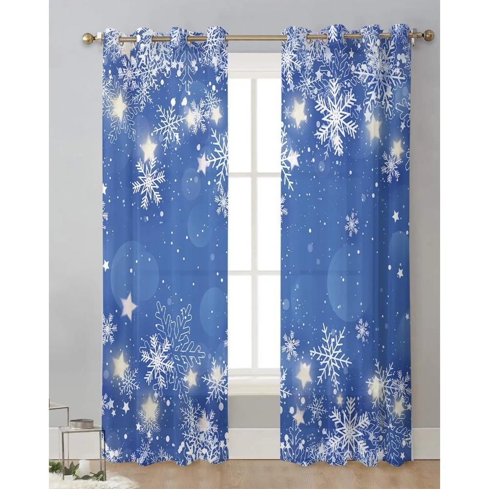 Xmas Snowflake Blue Yarn Curtain Window Tulle Drapes For Living Room Kitchen Sheer Window Treatments Voile Drapes