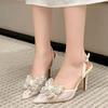 Fashion Luxury Rhinestone Bow Brand High Heels Women Sweet Lace Pointed Toe Buckle Slingback Designer Shoes Elegant Wedding Bridal Shoes