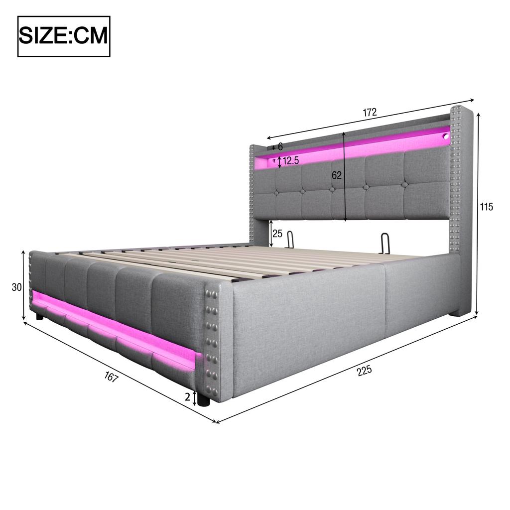 Upholstered Bed 160*200cm with LED Lighting and USB Socket, Headboard with Shelves and Storage, With Hydraulic for Storage, Linen Fabric Light Grey