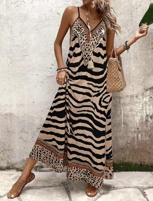 Women's Summer V-Neck Leopard Print Strappy Beach Dress