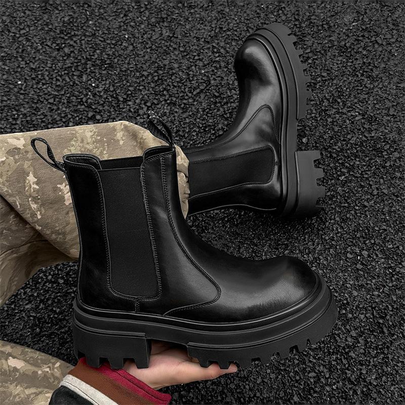 Herren lässige Bühne Nachtclub hohe Chelsea Stiefel schwarz trendige Echtleder Schuhe Cowboy Plateau Stiefel lang Motorrad Botas Mann