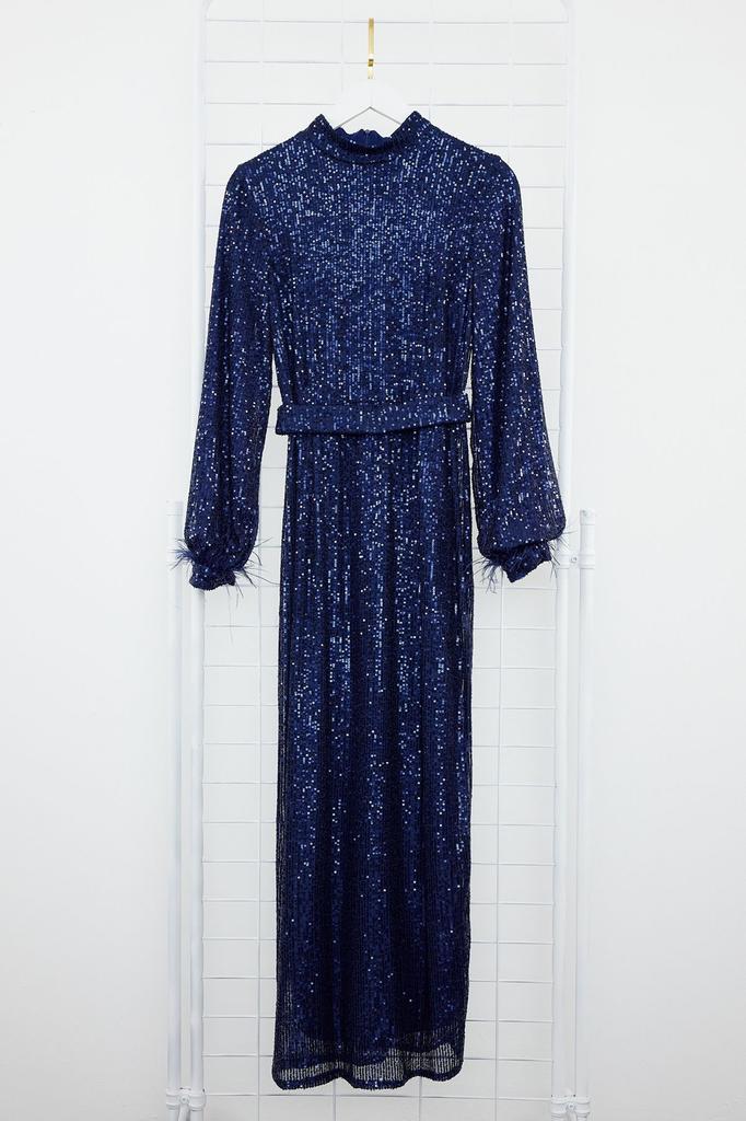 Women's Fashion Navy Blue Otrisch Detailed Sequined Evening Dress