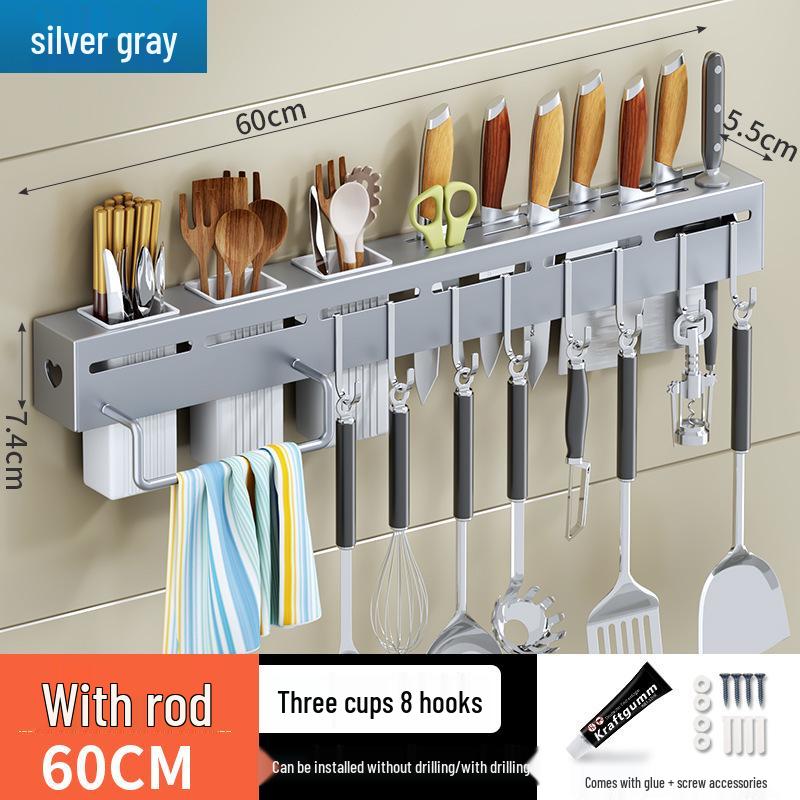 Wall-Mounted Multifunctional Kitchen Storage: Knife & Chopstick Holder, Punch-Free Hanging Rack.