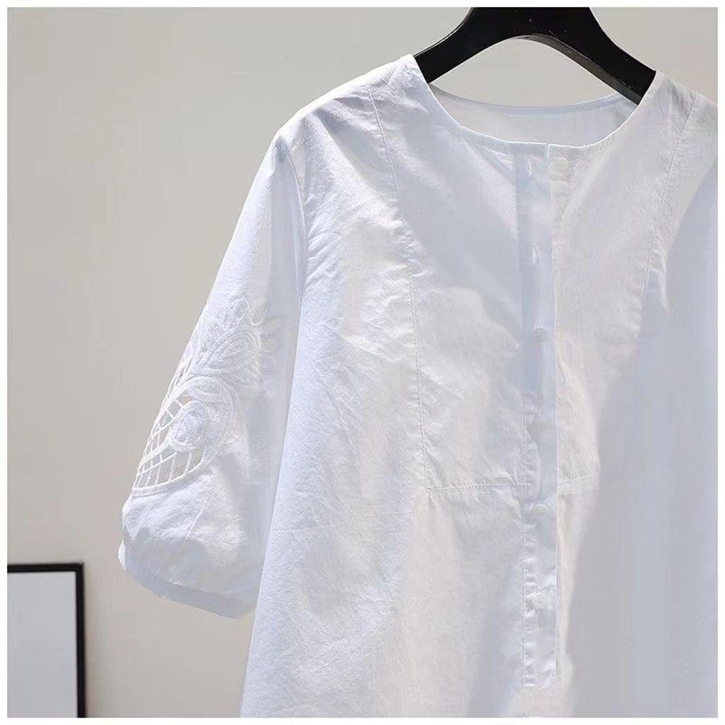 Cămașă mov din bumbac cu broderie goală Cămașă lejeră cu gât rotund pentru femei, cu design de vară