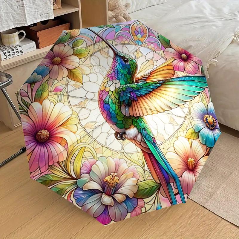 Stained Hummingbird Floral Pattern Automatic Folding Umbrella - Portable 3-Fold Design with Iron Frame, Perfect for Outdoor Use, Festive Gif